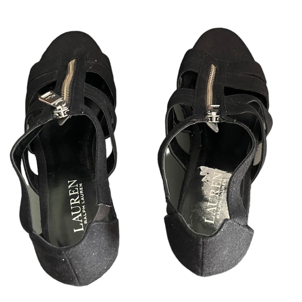 Ralph Lauren Black Espadrille Kelcie Cotton Linen Wedge Size 9 - Picture 4 of 8